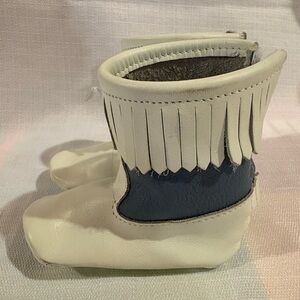 Taof Leather White and Blue Kids Fringe Boots